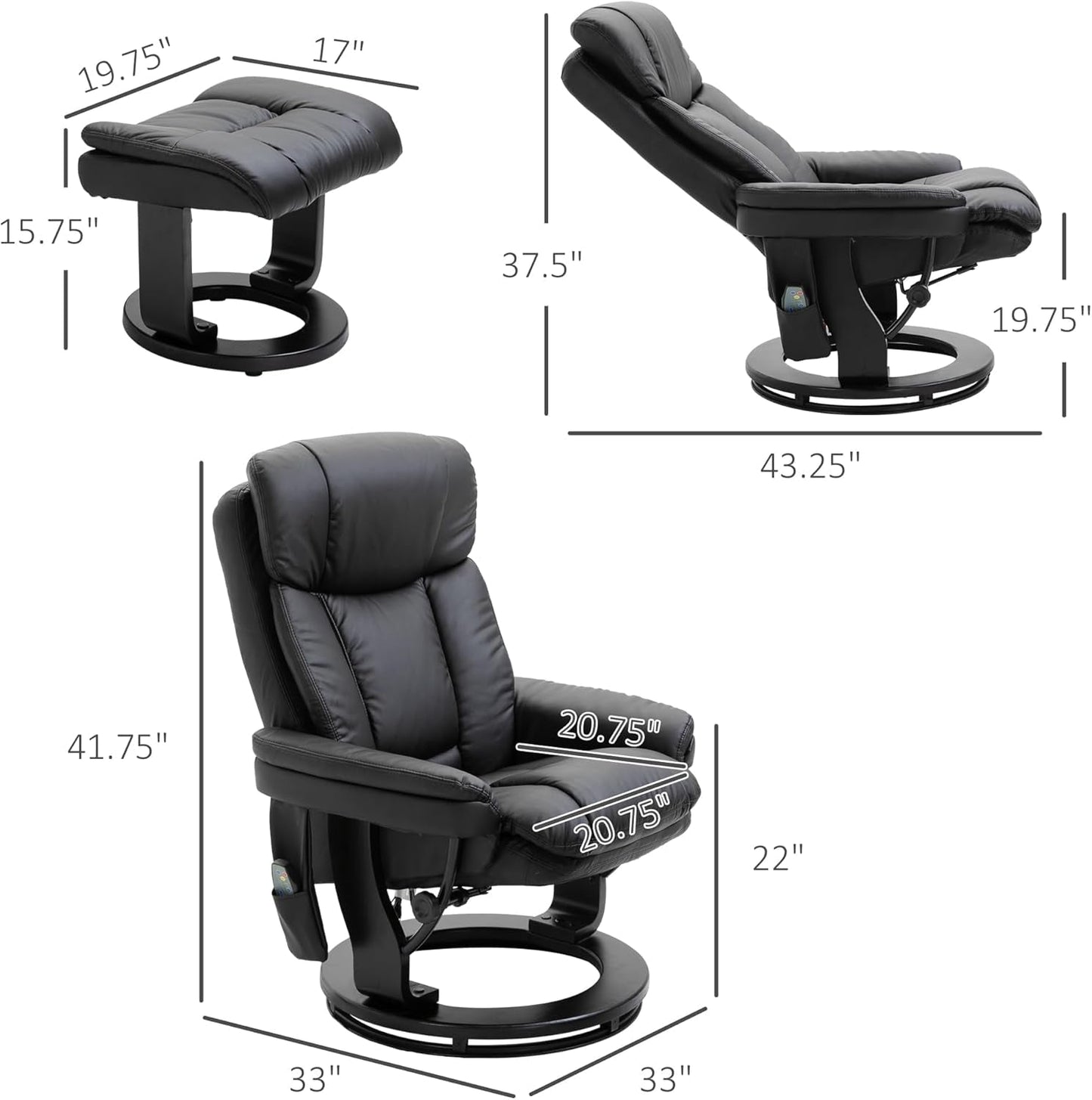 PU Leather Massage Recliner Chair With Ottoman Black Swivel ShipItFurniture
