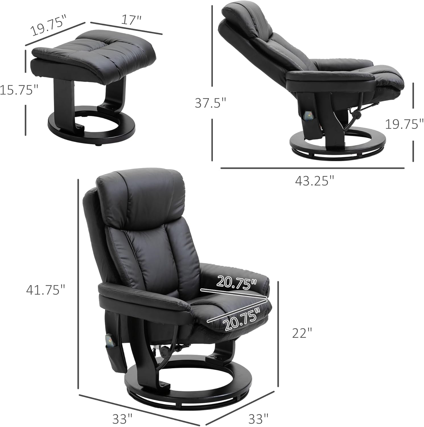 PU Leather Massage Recliner Chair With Ottoman Black Swivel ShipItFurniture
