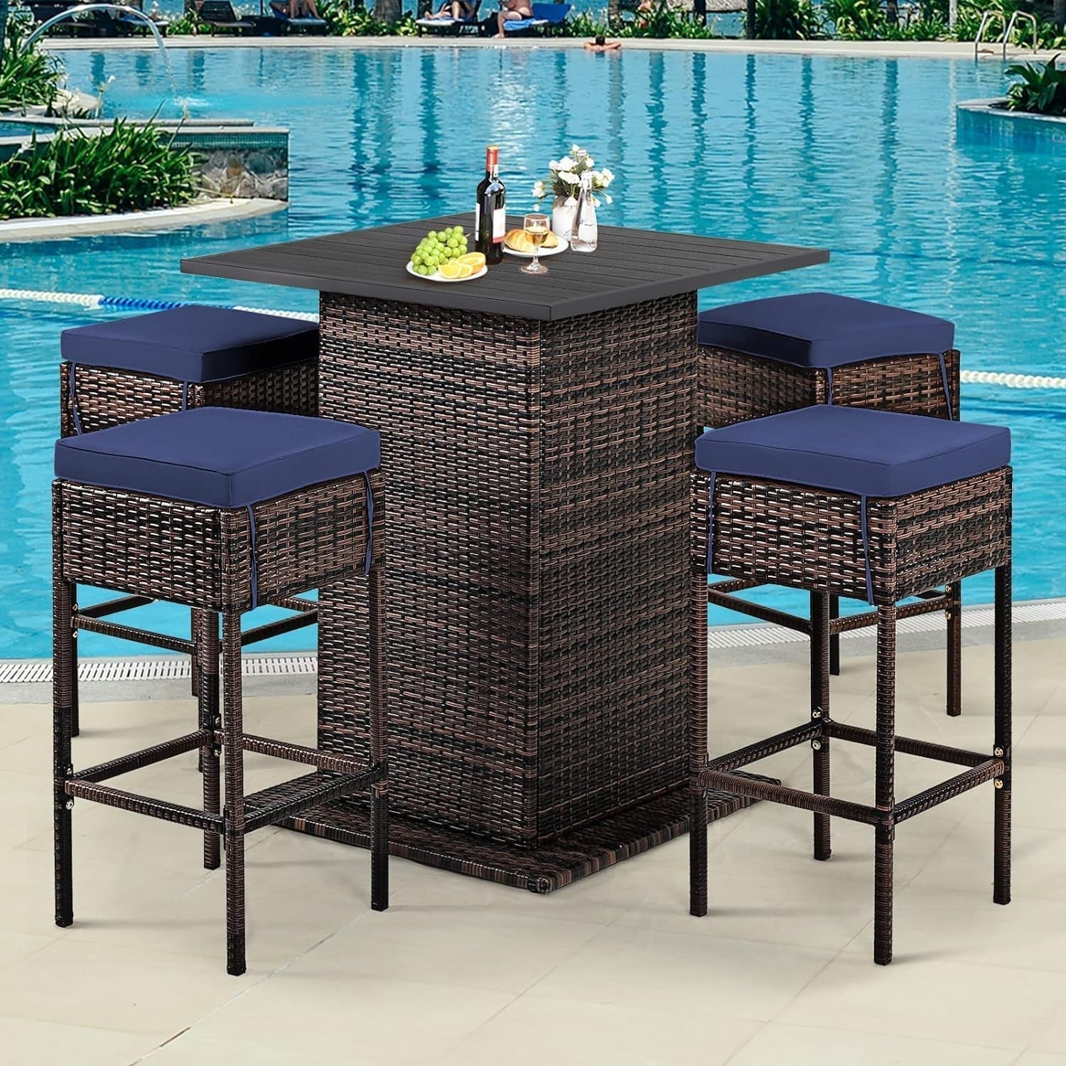5 Piece Outdoor Bar Set Navy Blue Bar Height Table Storage ShipItFurniture