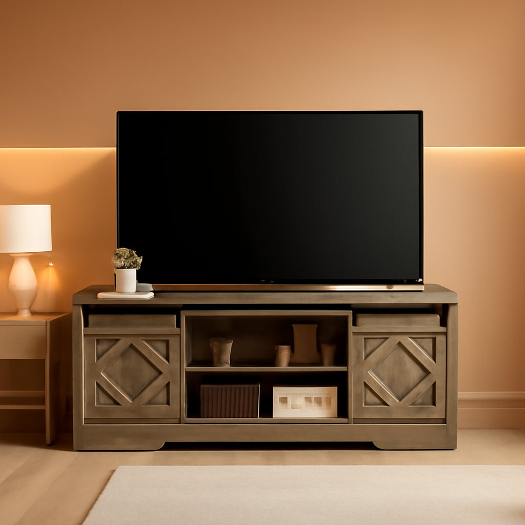 Farmhouse Sliding Barn Door TV Stand 65 Inch TV Wash Grey