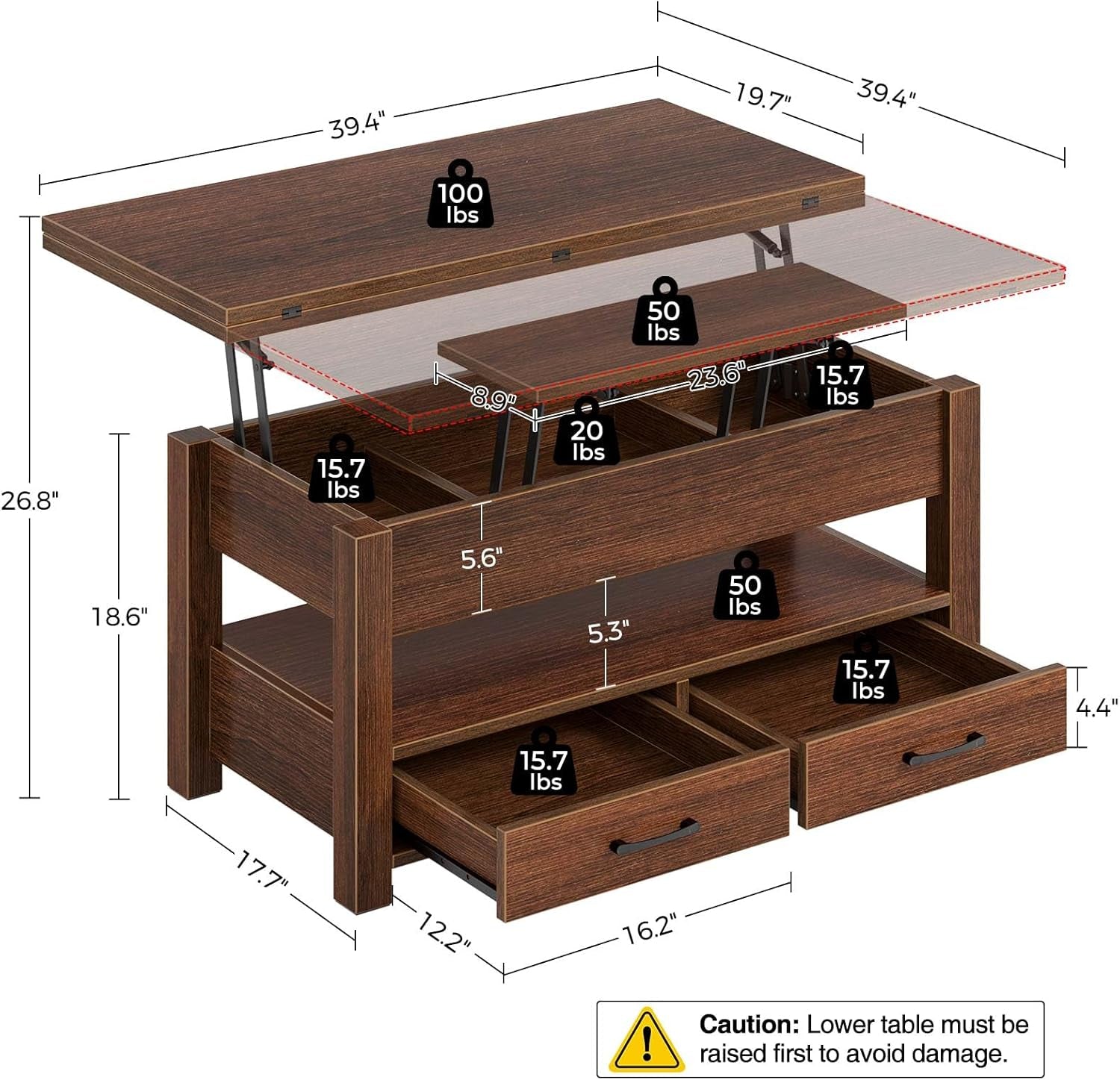 Espresso Lift Top Coffee Table With Drawers And Hidden Compartment ShipItFurniture