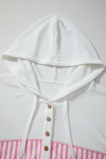 Pink Stripe Leopard Patchwork Waffle Knit Buttoned Plus Size Hoodie