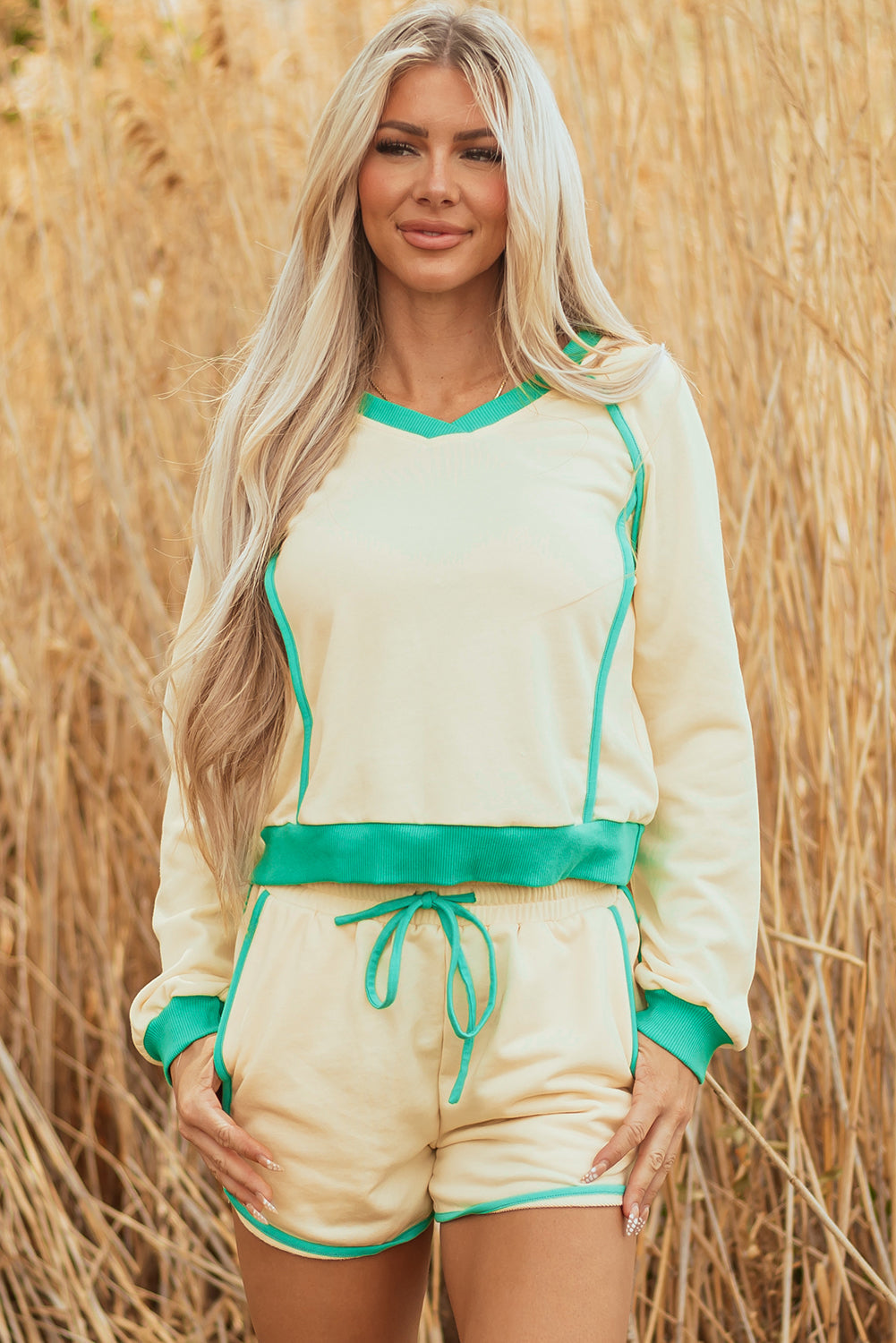 Wren Long Sleeve Pullover and Drawstring Shorts Outfit Threaded Pear