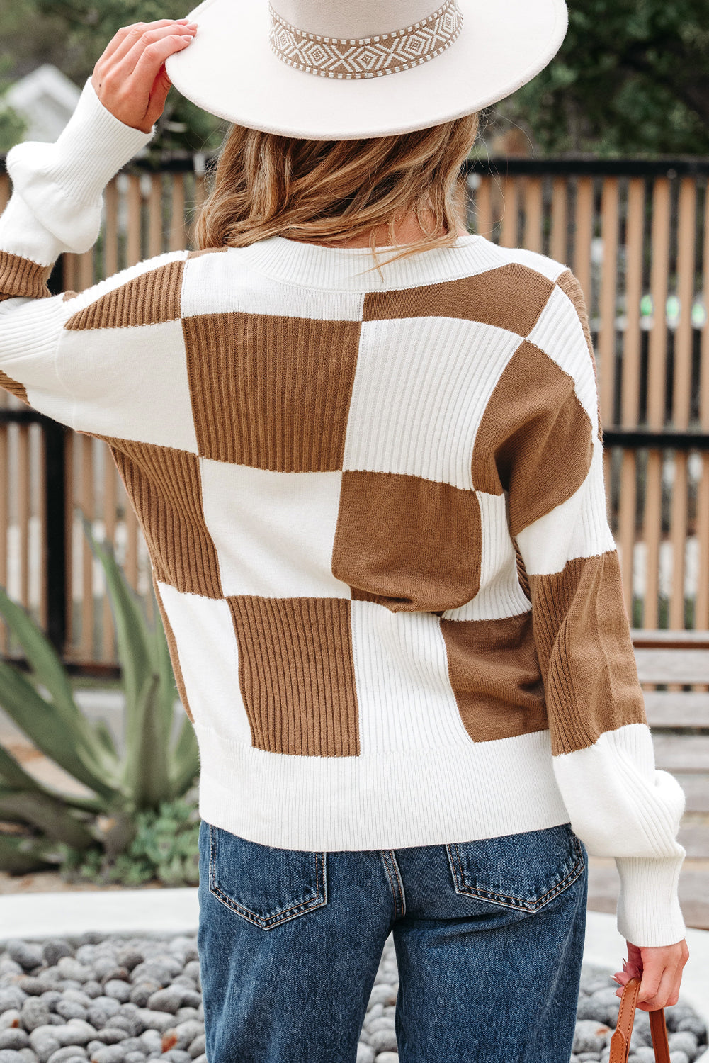 Julia Checkered Button Sweater Cardigan Threaded Pear