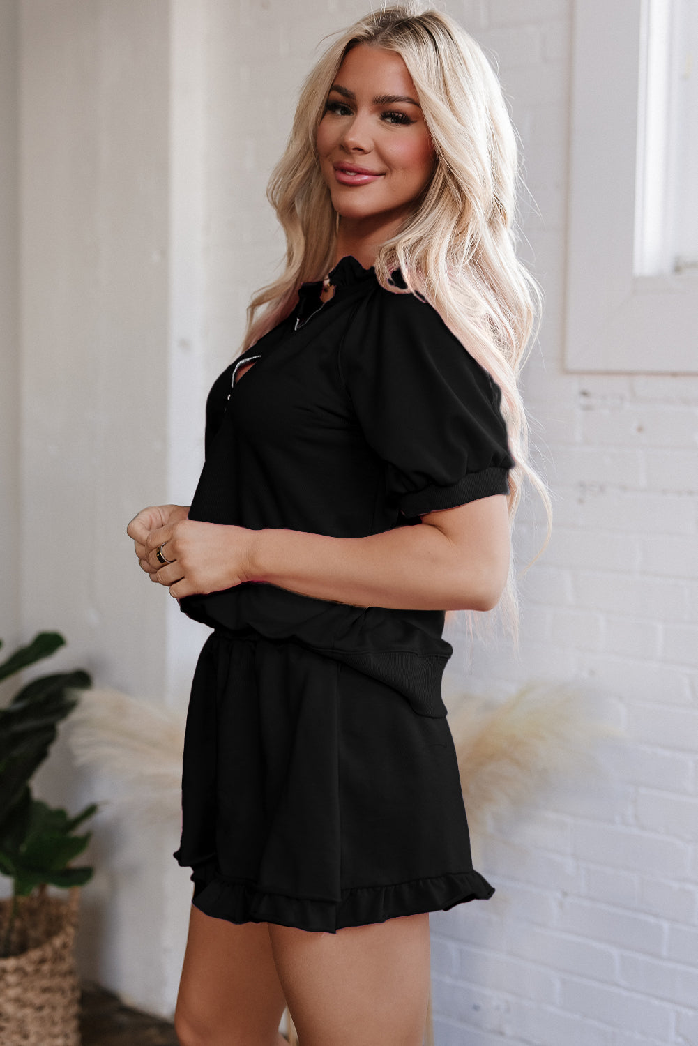 Laylani Puff Sleeve Top and Ruffled Shorts Set