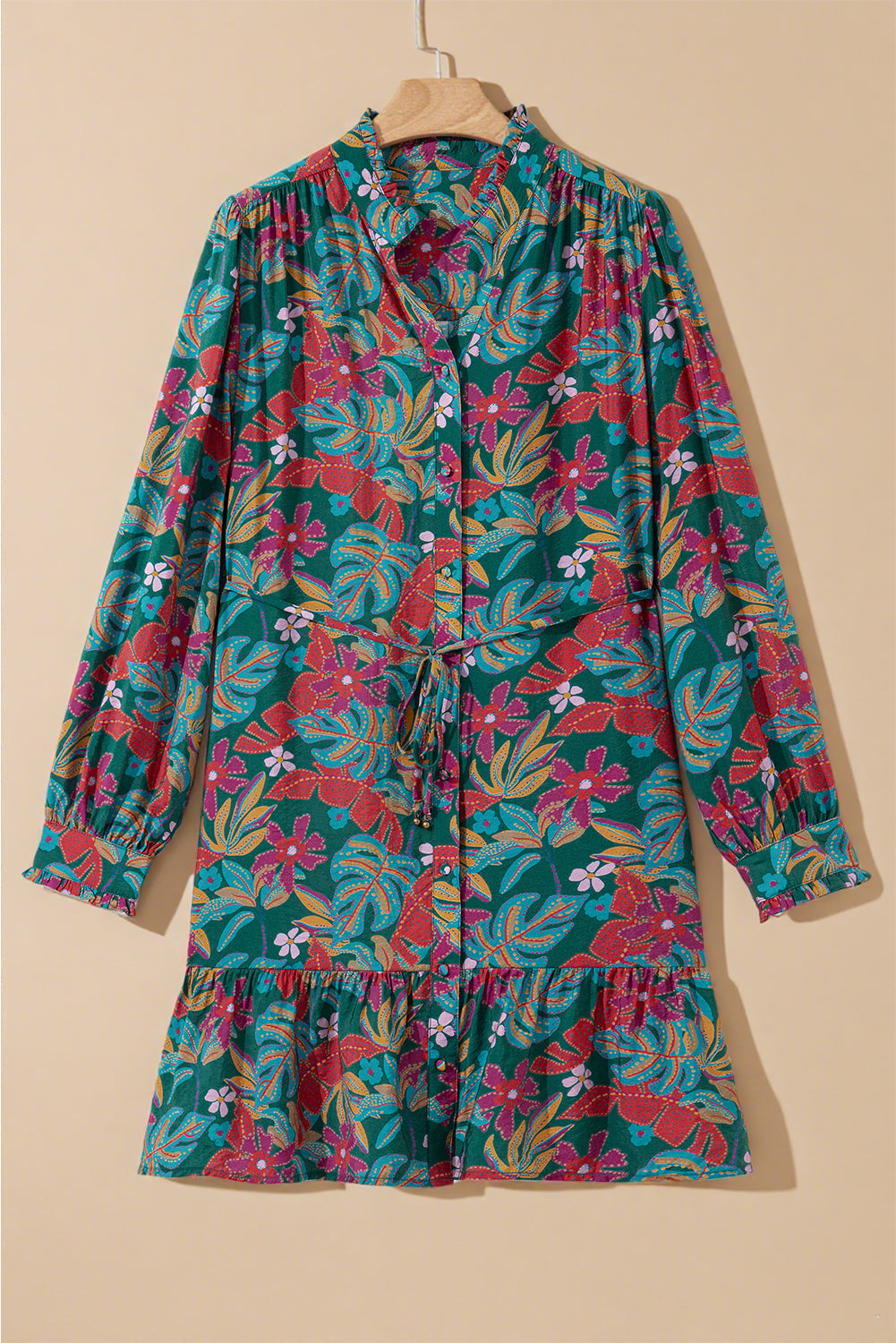 Maria Floral V Neck Puff Sleeve Dress Threaded Pear