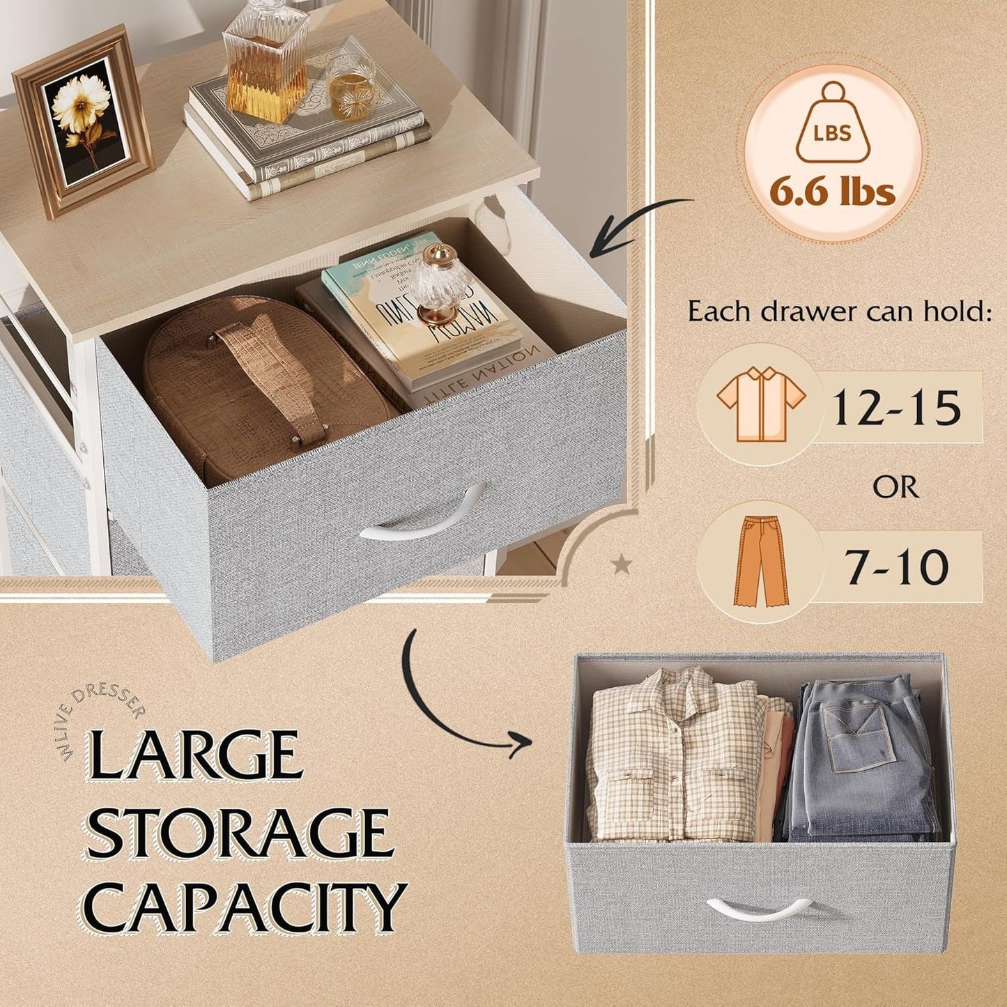 Light Grey Fabric 4 Drawer Dresser With Wood Top Storage ShipItFurniture