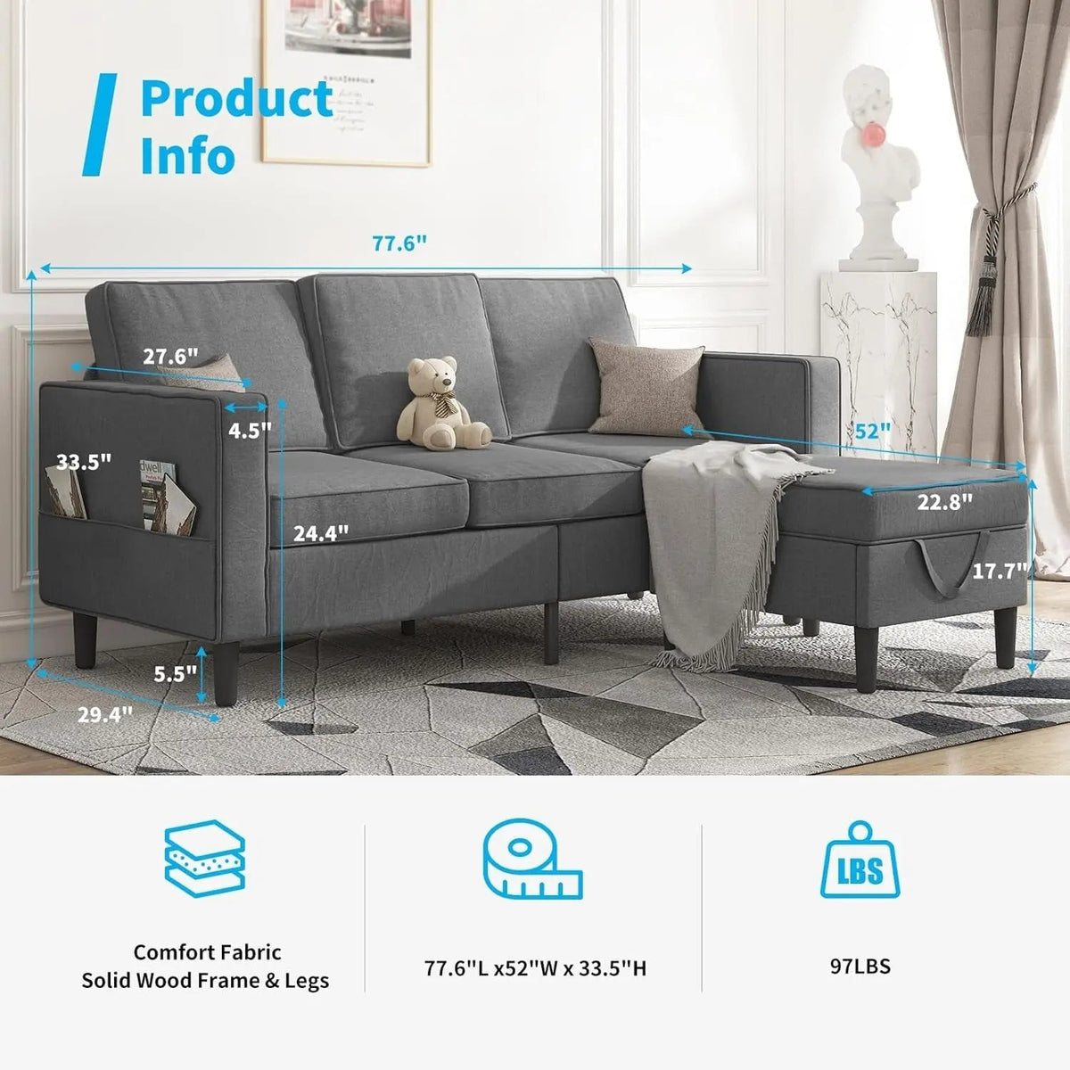 Dark Grey Convertible Sectional Sofa With Storage Ottoman - Get it from Bo