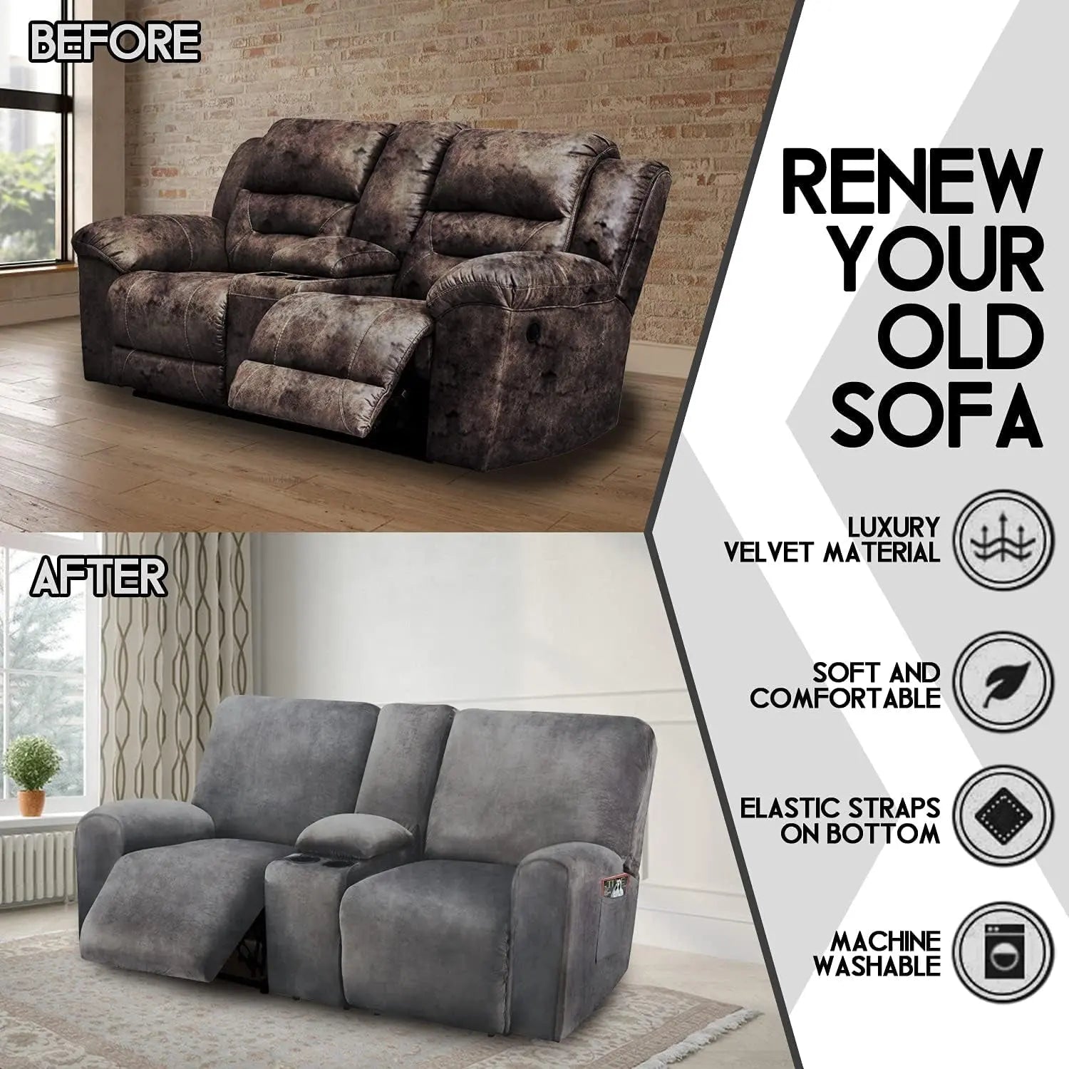 Dark Grey Velvet 8 Piece Reclining Loveseat Slipcover - Get it from Bo