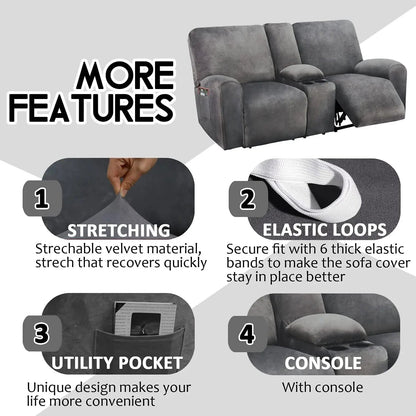 Dark Grey Velvet 8 Piece Reclining Loveseat Slipcover - Get it from Bo