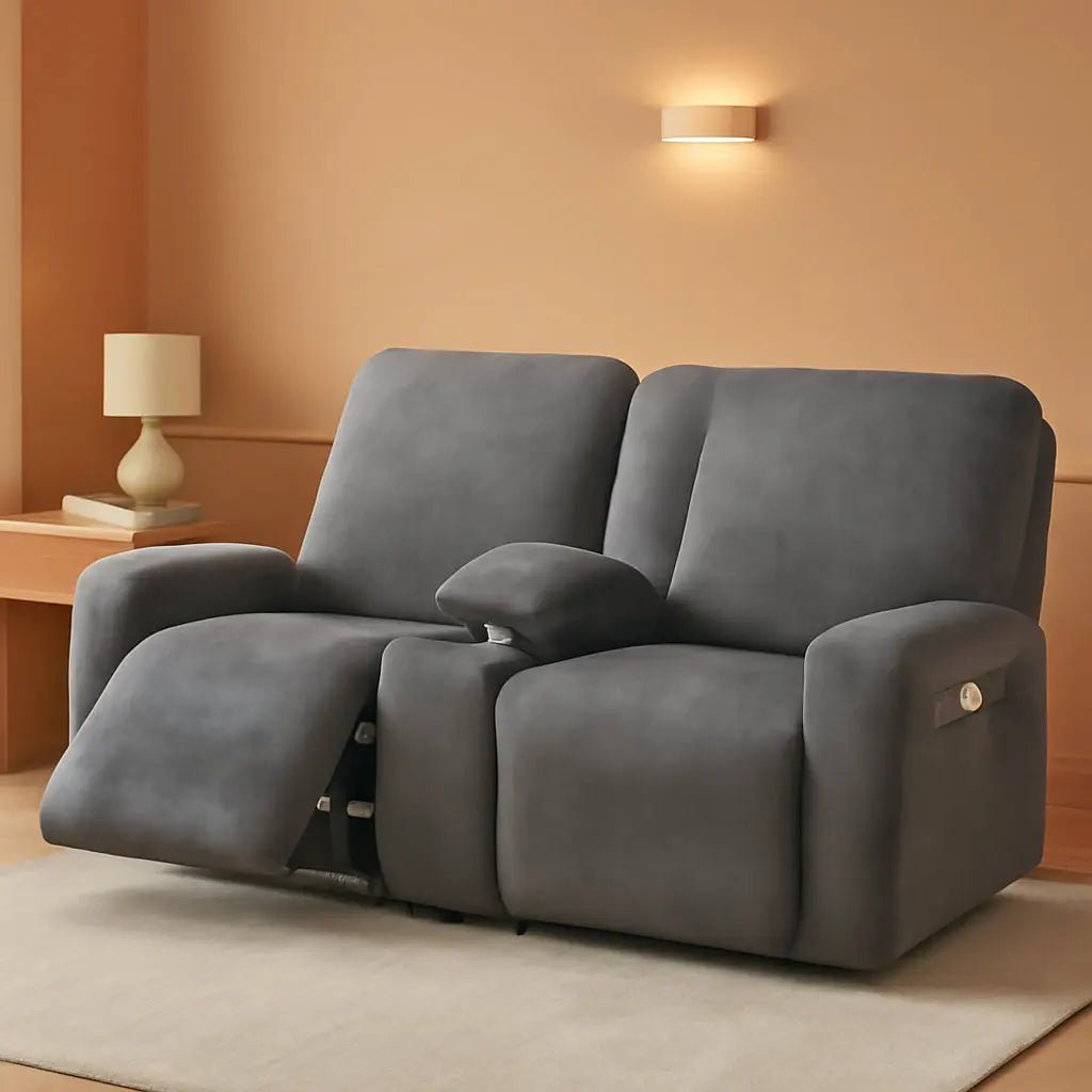 Dark Grey Velvet 8 Piece Reclining Loveseat Slipcover - Get it from Bo