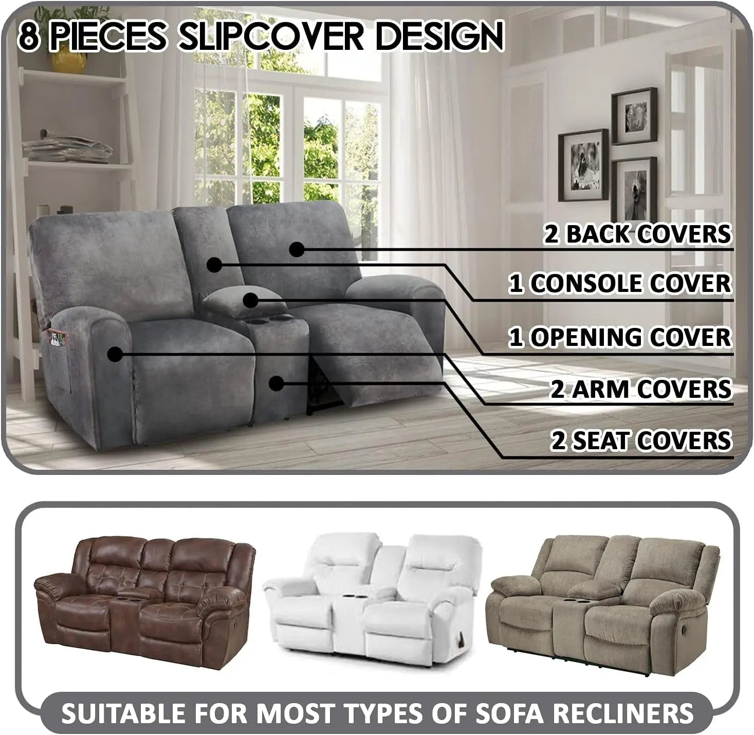 Dark Grey Velvet 8 Piece Reclining Loveseat Slipcover - Get it from Bo