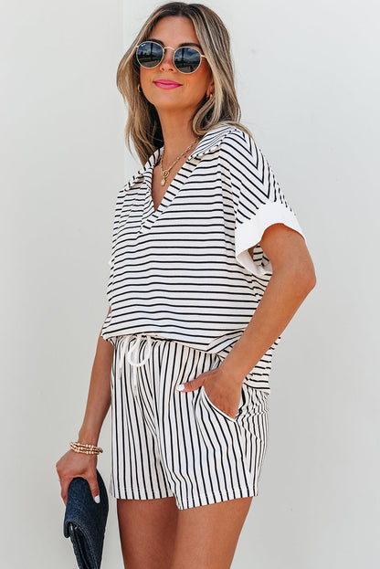 Chloe Stripe V Neck Tee Short Set