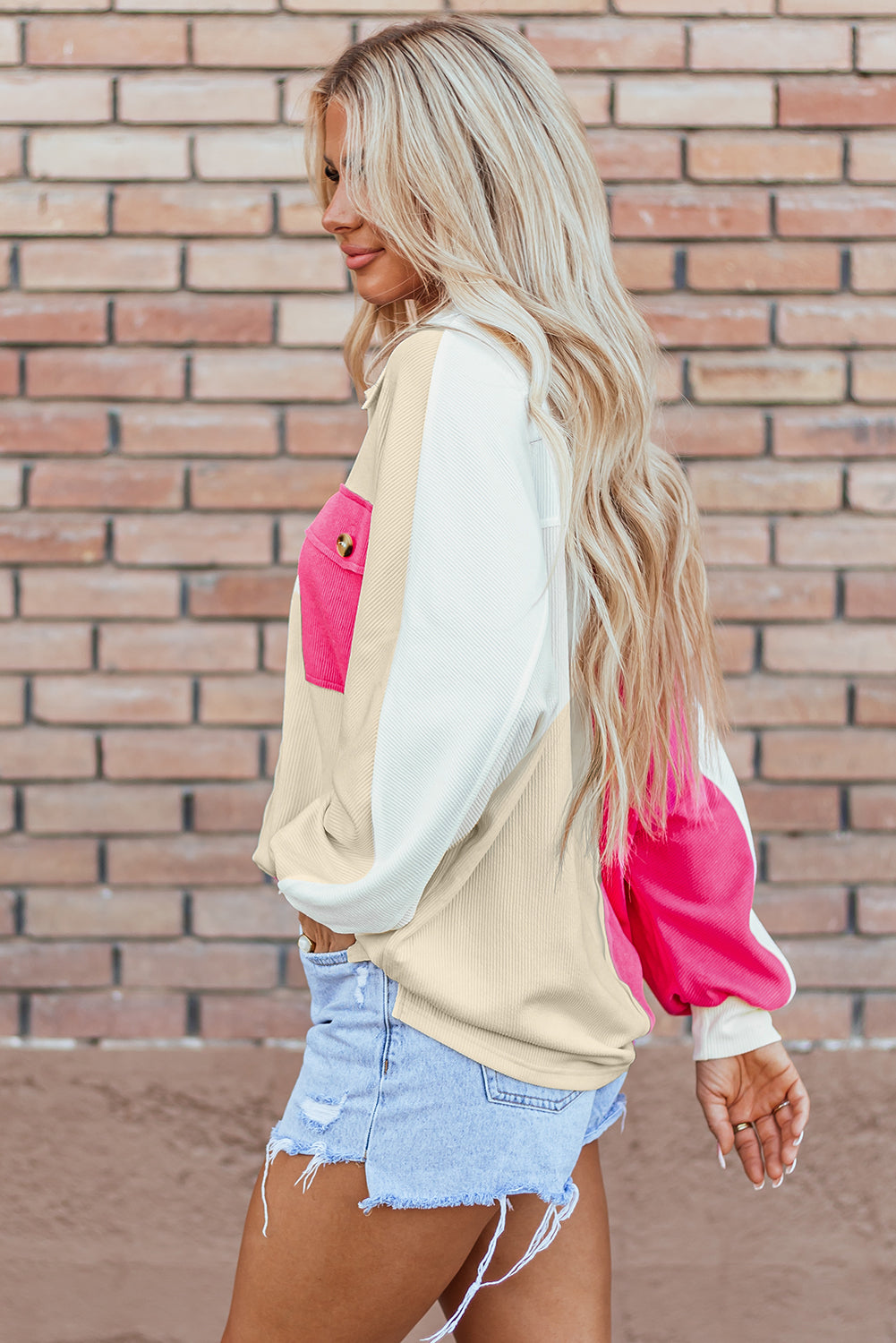 Kehlani Ribbed Collared Oversized Sweatshirt Threaded Pear