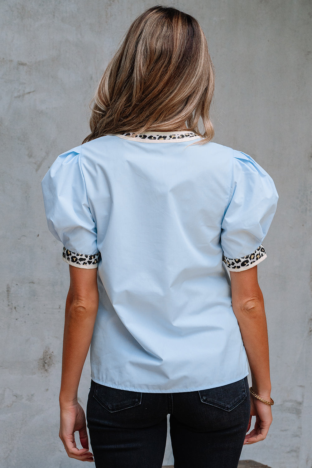 Mila Contrast Leopard Trim Split Neck Puff Sleeve Blouse Threaded Pear