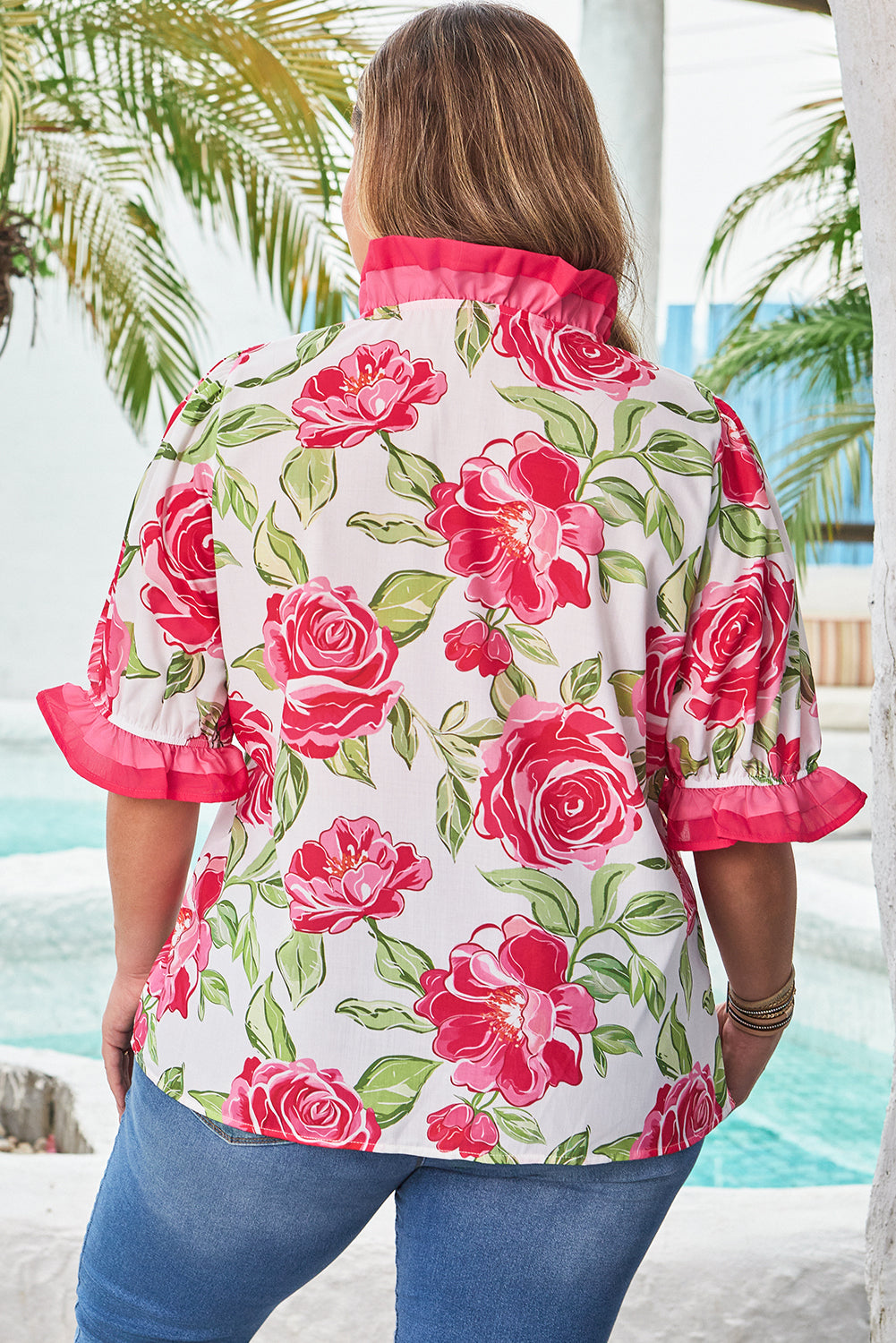 Elise Plus Size Floral Frilled Stripes Blouse