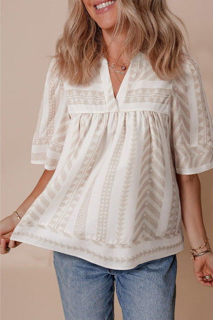 Analia Jacquard Split V Neck Short Sleeve Blouse