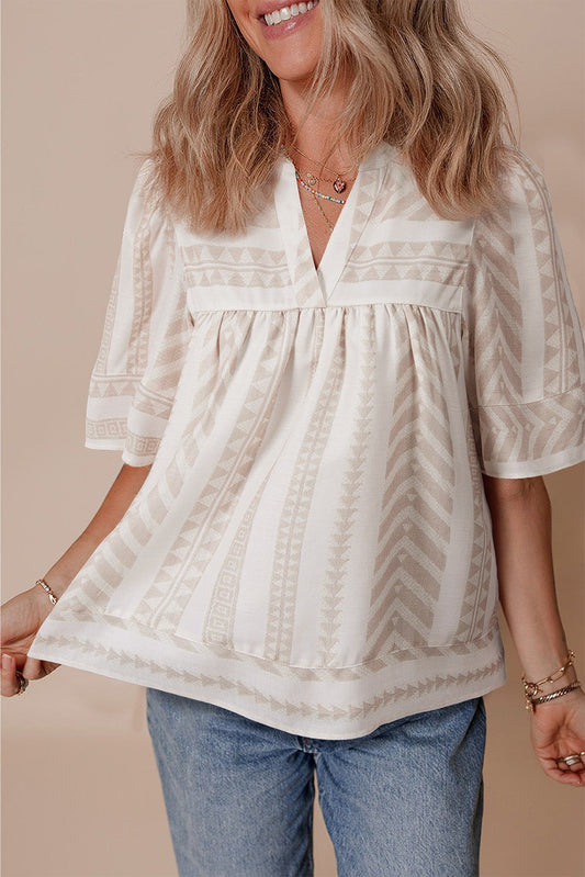 Analia Jacquard Split V Neck Short Sleeve Blouse