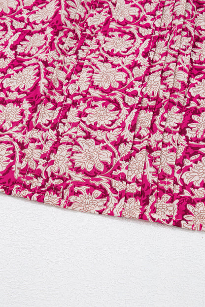 Pink Floral Print Split Neck Pleated Puff Sleeve Blouse