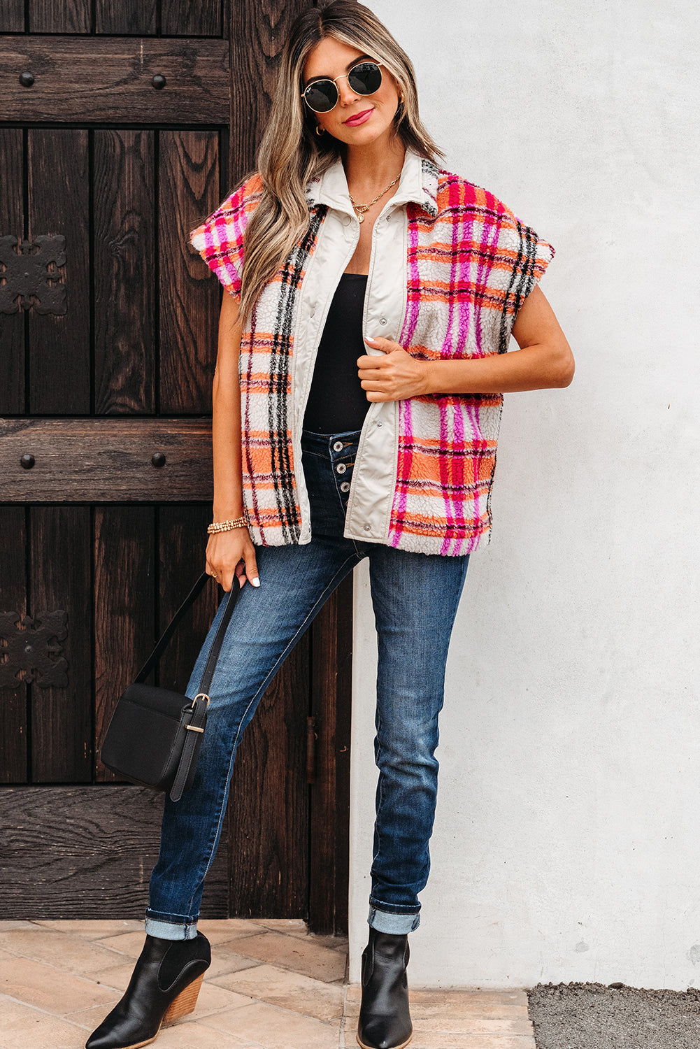 Molly Sherpa Plaid Jacket Vest Threaded Pear