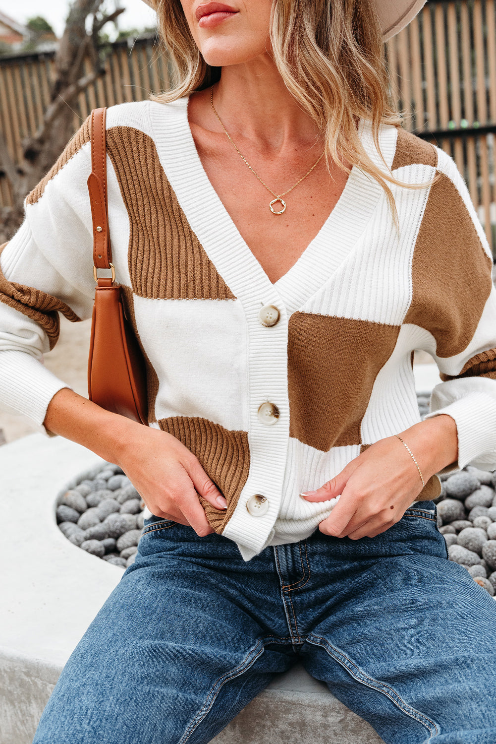 Julia Checkered Button Sweater Cardigan Threaded Pear