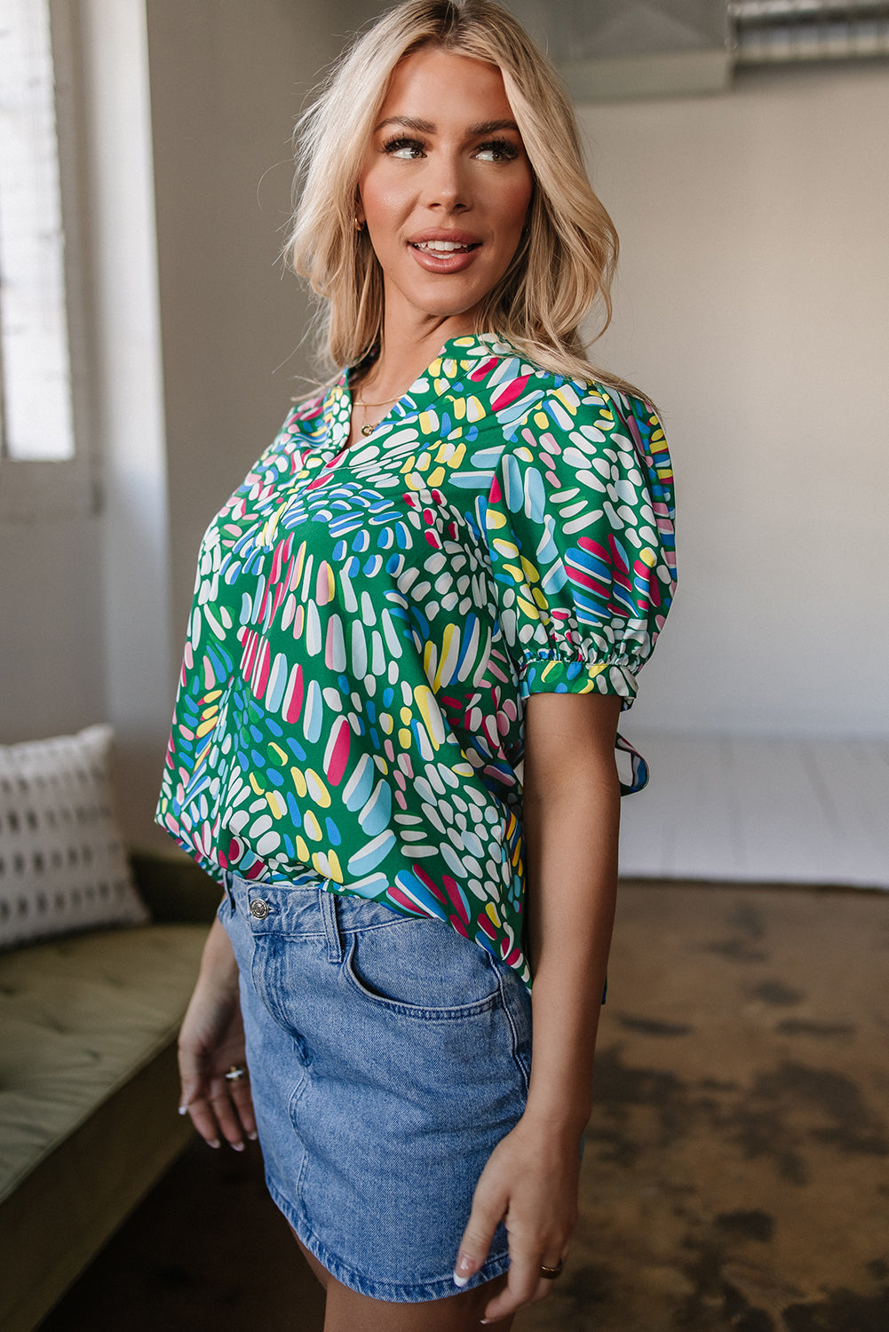 Ellianna Geometric Puff Sleeve Blouse