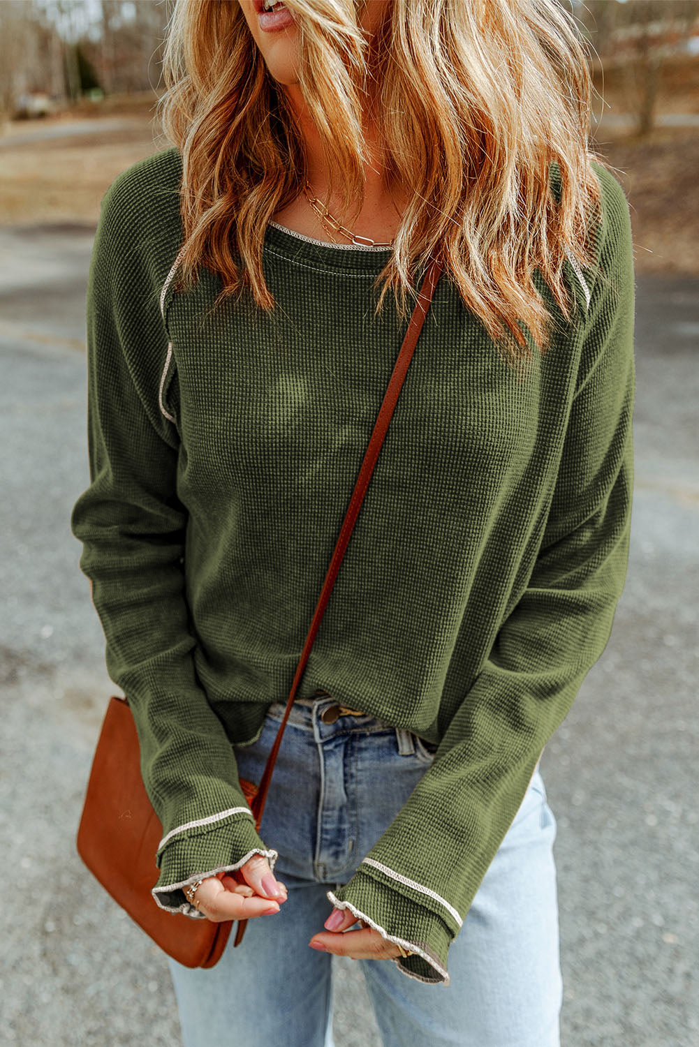 Daisy Textured Round Neck Long Sleeve Top Threaded Pear