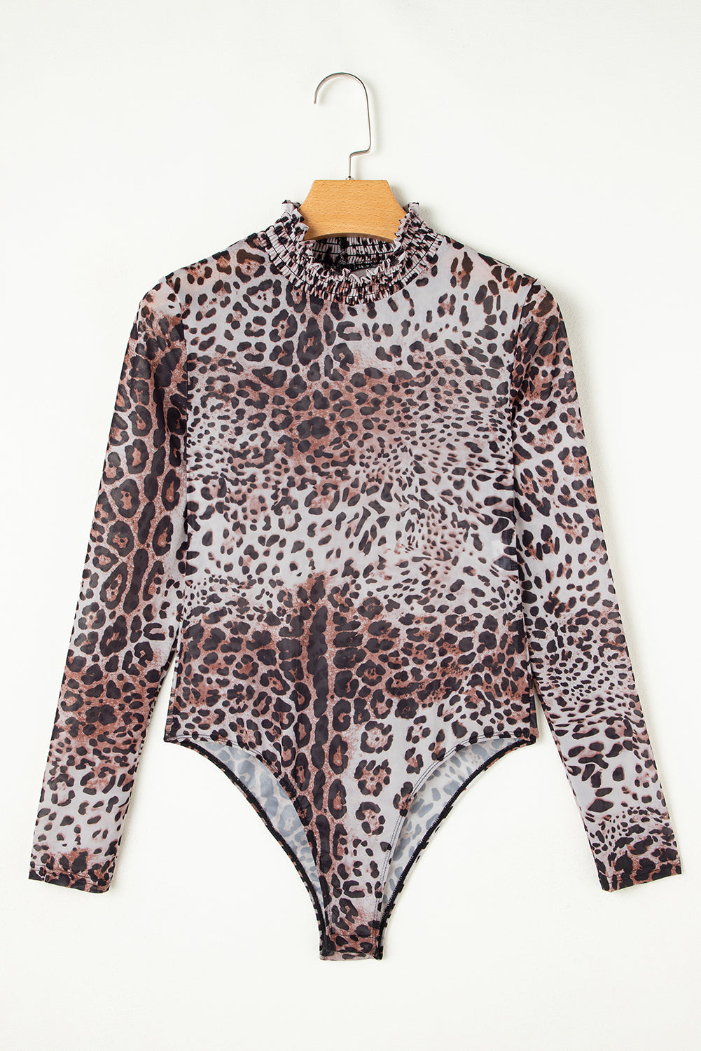 Leopard Smocked Neck Mesh Long Sleeve Bodysuit Threaded Pear