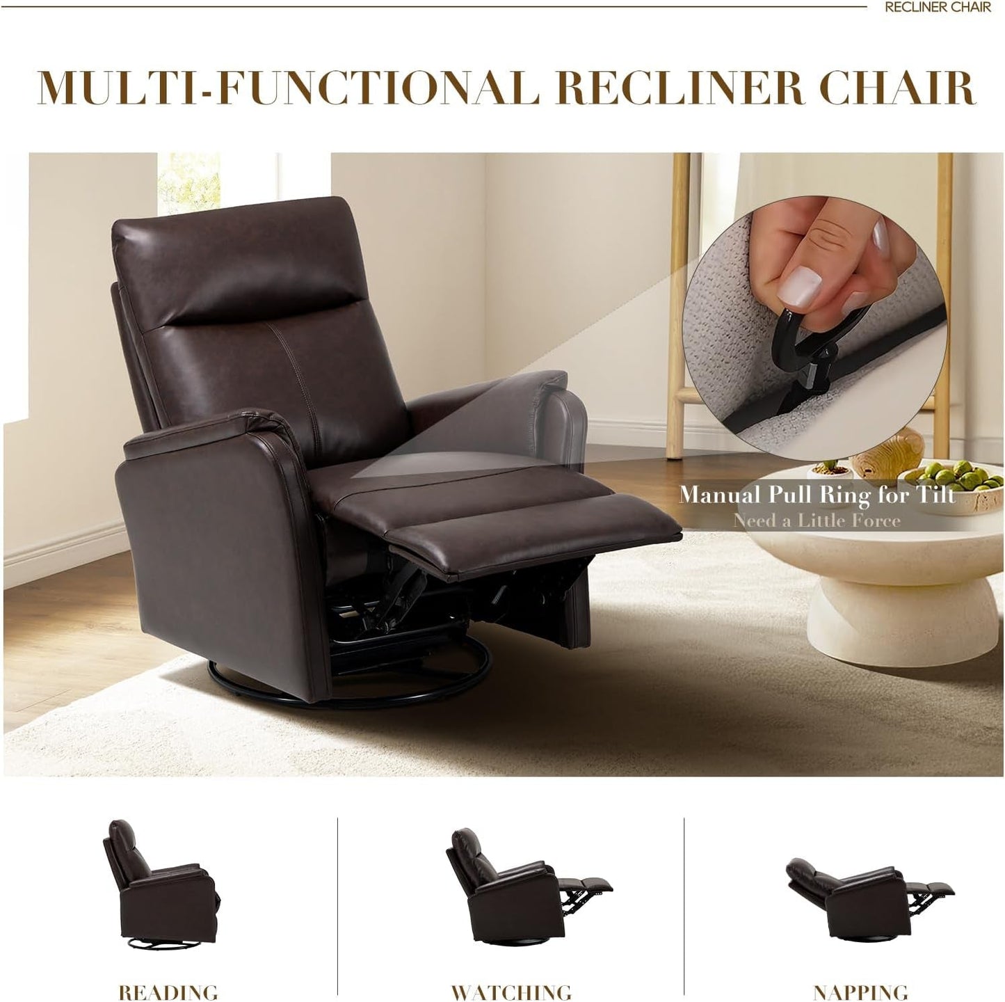 Chocolate Leather Swivel Recliner Chair With Footrest ShipItFurniture