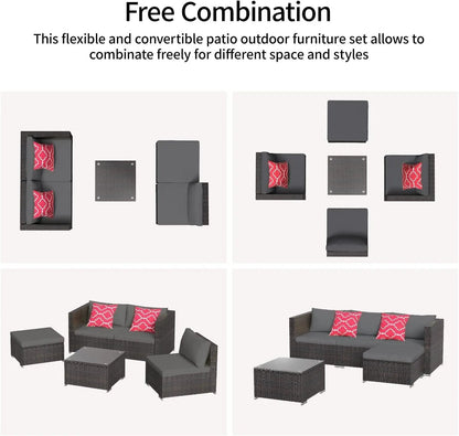 Outdoor Patio Furniture Sets All Weather Outdoor Sofa PE Garden Furniture Wicker Rattan Patio Conversation Set with Glass Table (Grey)-3