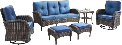 6 Piece Patio Conversation Sets - Wicker Patio Furniture Sets with Outdoor Swivel Rocker Chairs Outdoor Couch Perfect for Patio Deck Backyard, Brown Wicker Blue Cushion-2