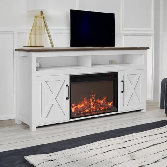 58 Inch White Farmhouse Fireplace TV Stand Cabinet