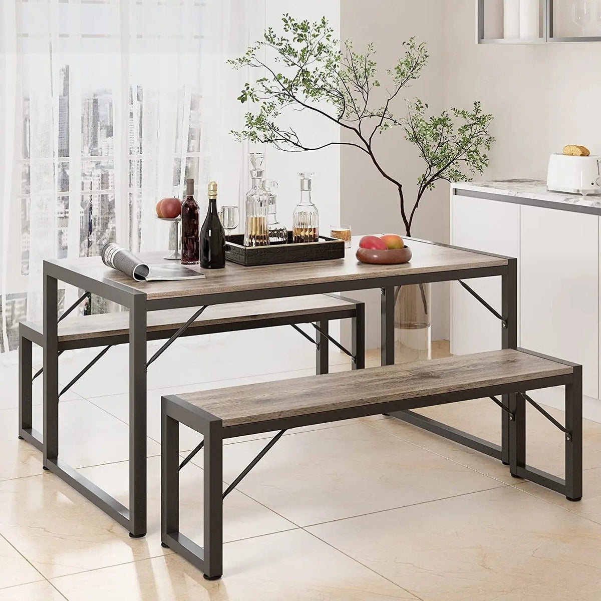 Dining Table Set for 4 with 2 Benches, Gray - Get it from Bo