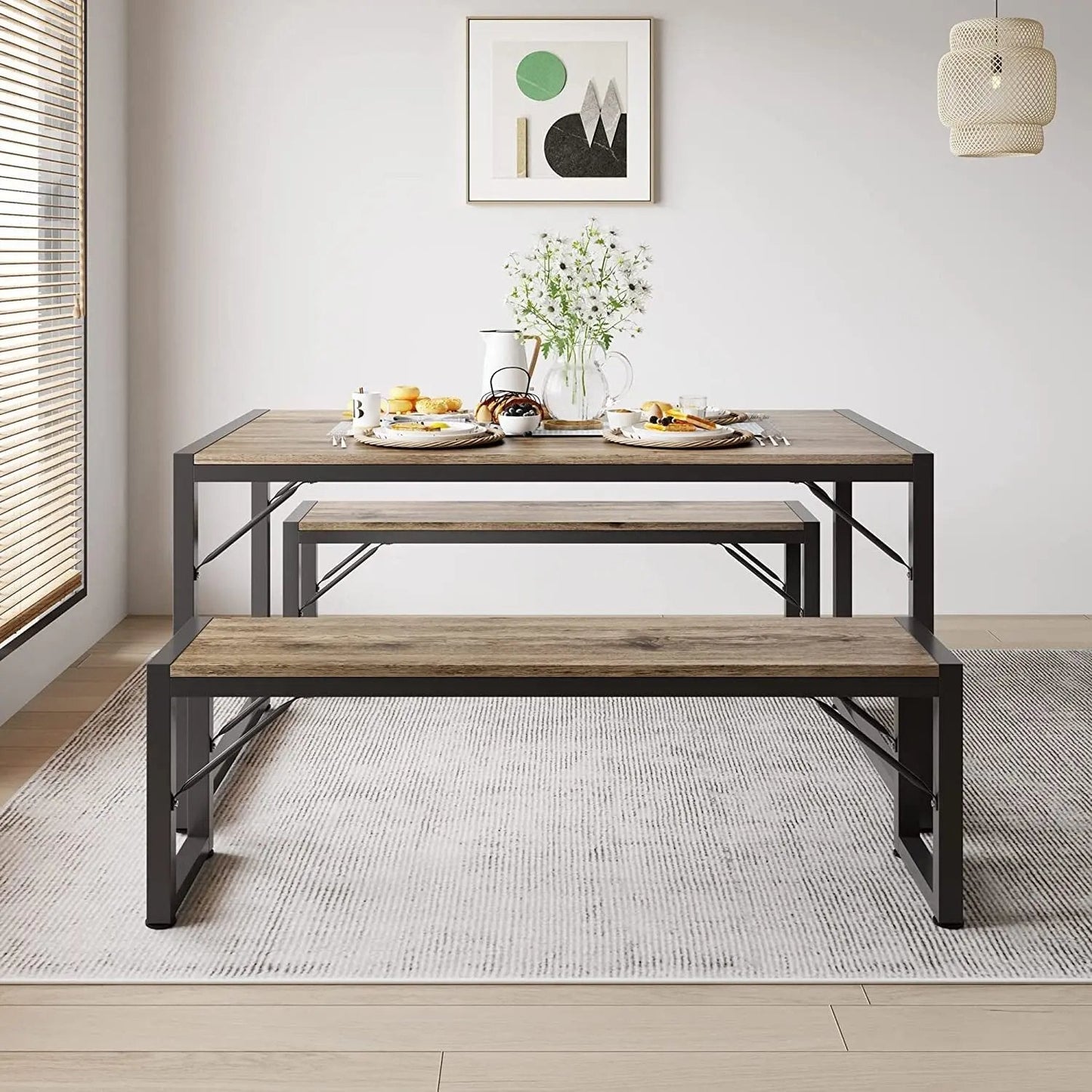 Dining Table Set for 4 with 2 Benches, Gray - Get it from Bo
