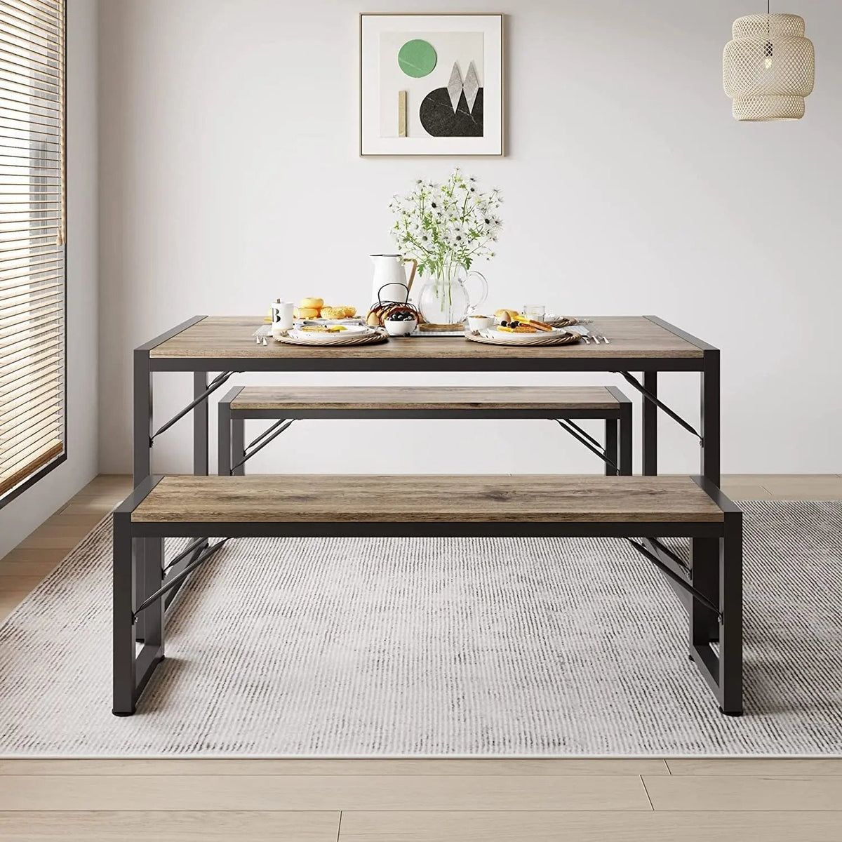 Dining Table Set for 4 with 2 Benches, Gray - Get it from Bo