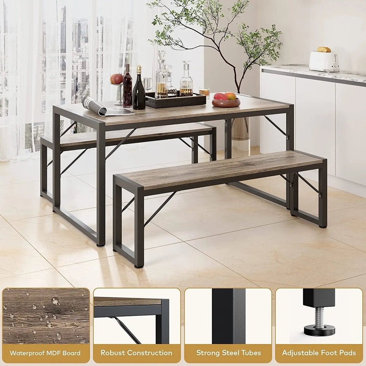 Dining Table Set for 4 with 2 Benches, Gray - Get it from Bo