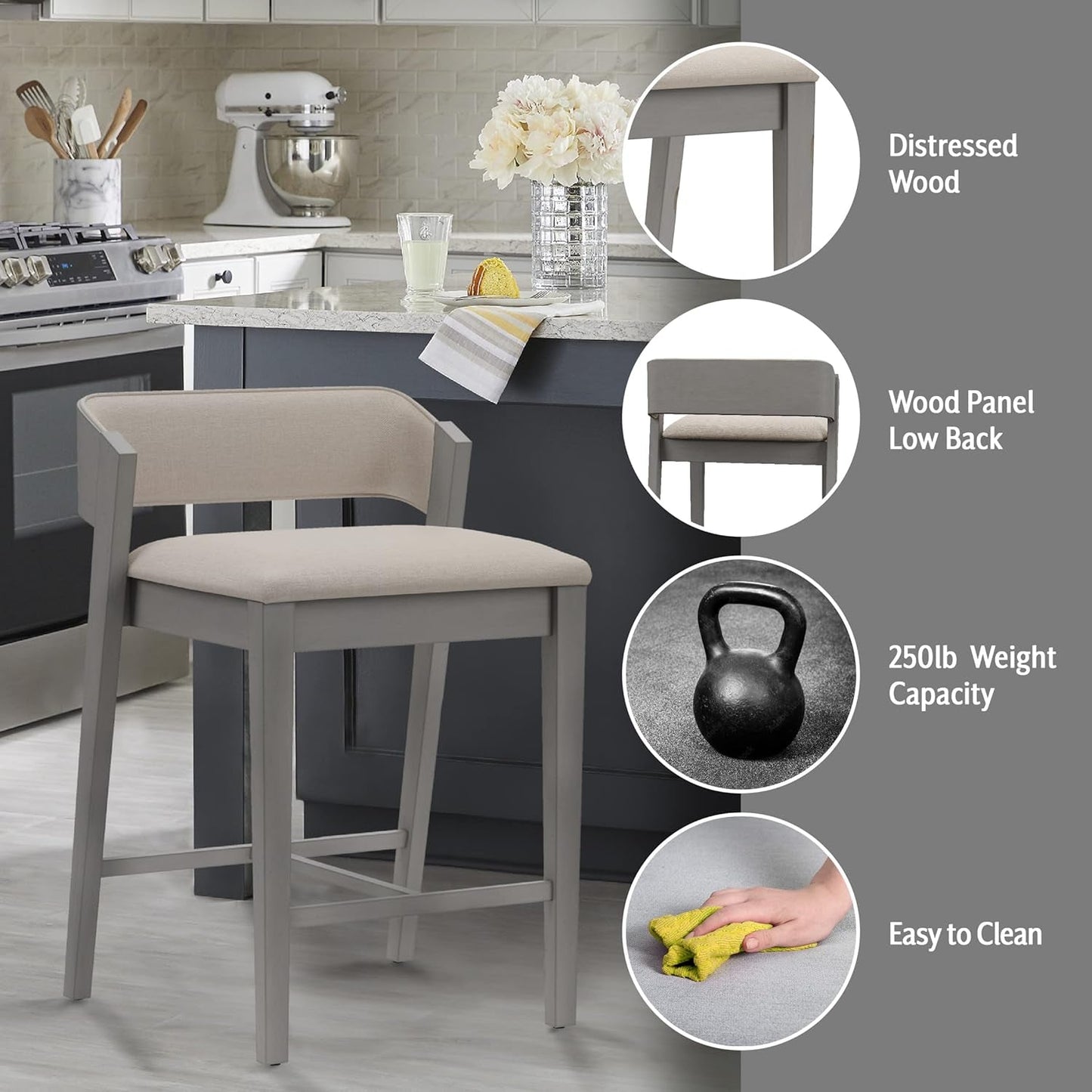 Counter Height Wood Stool Distressed Gray Upholstered Seat ShipItFurniture