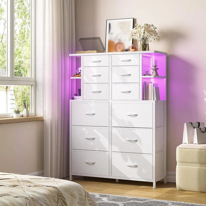 Dresser for Bedroom with LED Lights, 12 Drawers Bedroom Dresser, Black Dresser and Tall Dresser with Open Shelves, Fabric Dressers & Chests of Drawers with Sturdy Metal Frame, White - Get it from Bo