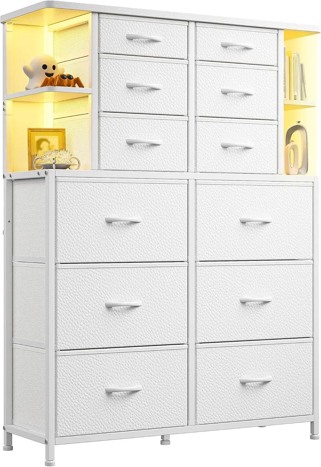Dresser for Bedroom with LED Lights, 12 Drawers Bedroom Dresser, Black Dresser and Tall Dresser with Open Shelves, Fabric Dressers & Chests of Drawers with Sturdy Metal Frame, White - Get it from Bo