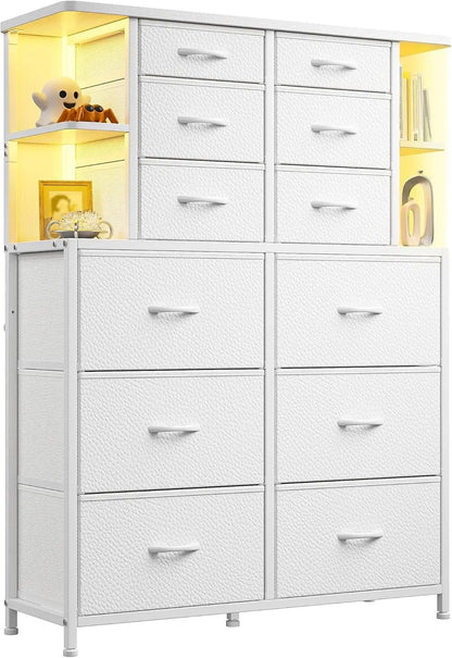 Dresser for Bedroom with LED Lights, 12 Drawers Bedroom Dresser, Black Dresser and Tall Dresser with Open Shelves, Fabric Dressers & Chests of Drawers with Sturdy Metal Frame, White - Get it from Bo