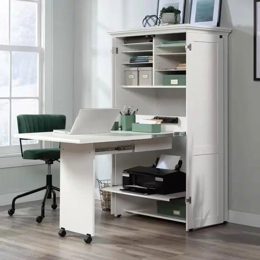 Drop Leaf Computer Desk Craft Table Armoire in White Wood Finish - Made in USA - Get it from Bo