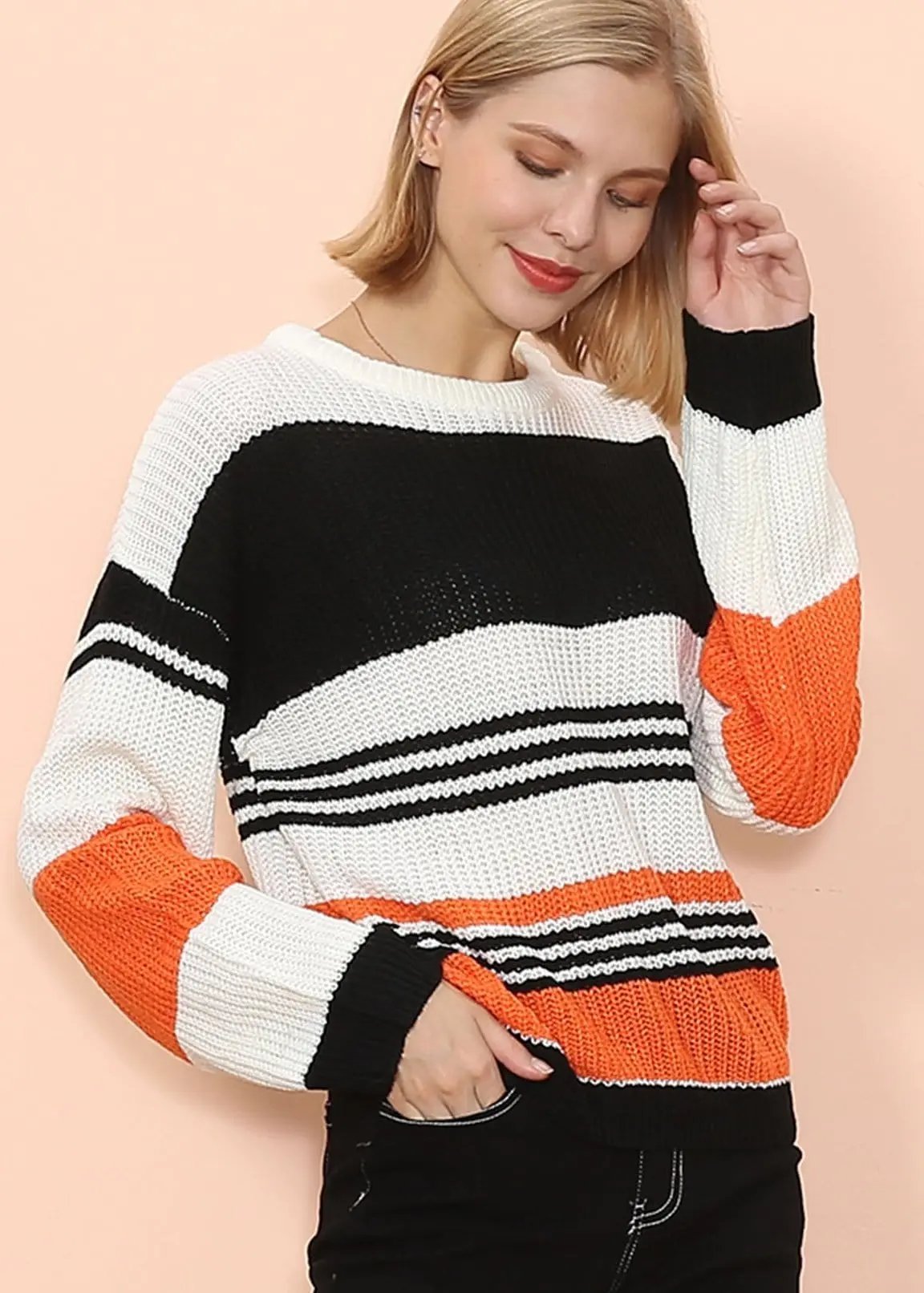 Drop Shoulder Striped Knit Sweater - Get it from Bo