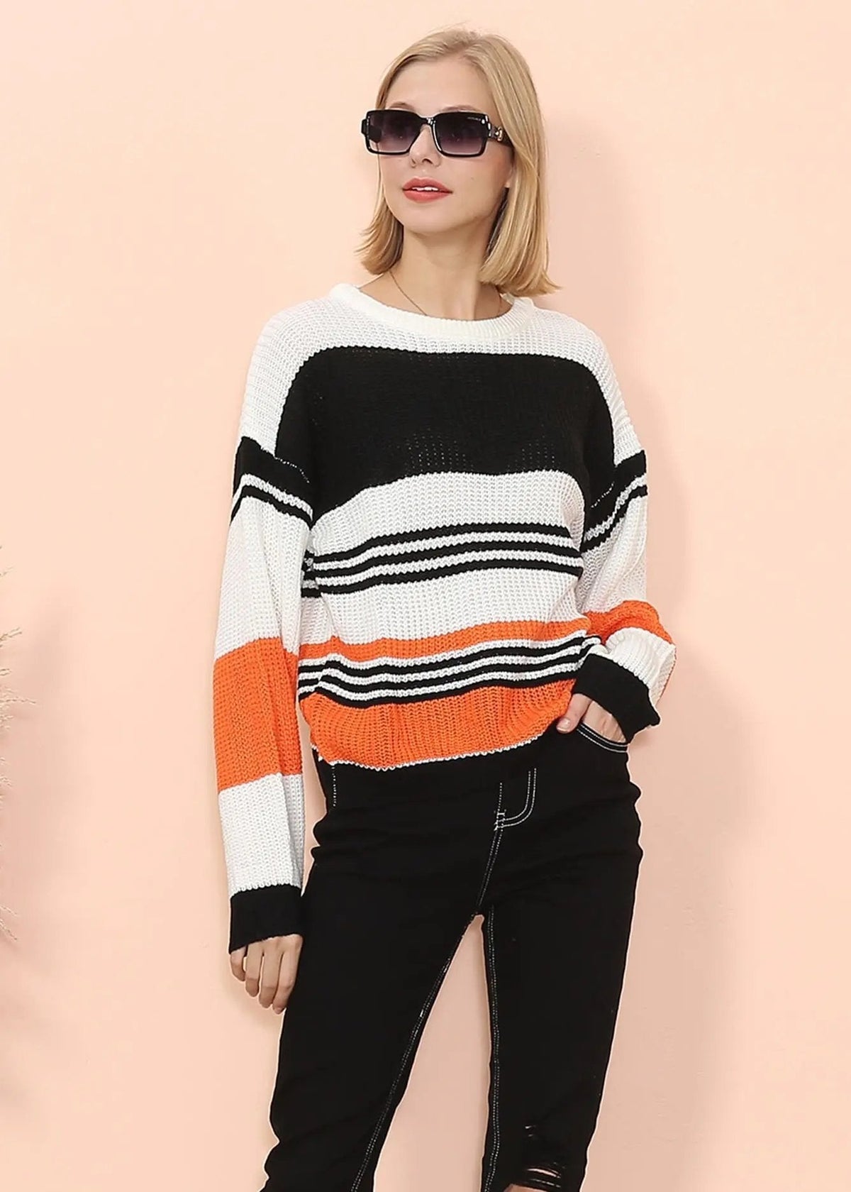 Drop Shoulder Striped Knit Sweater - Get it from Bo