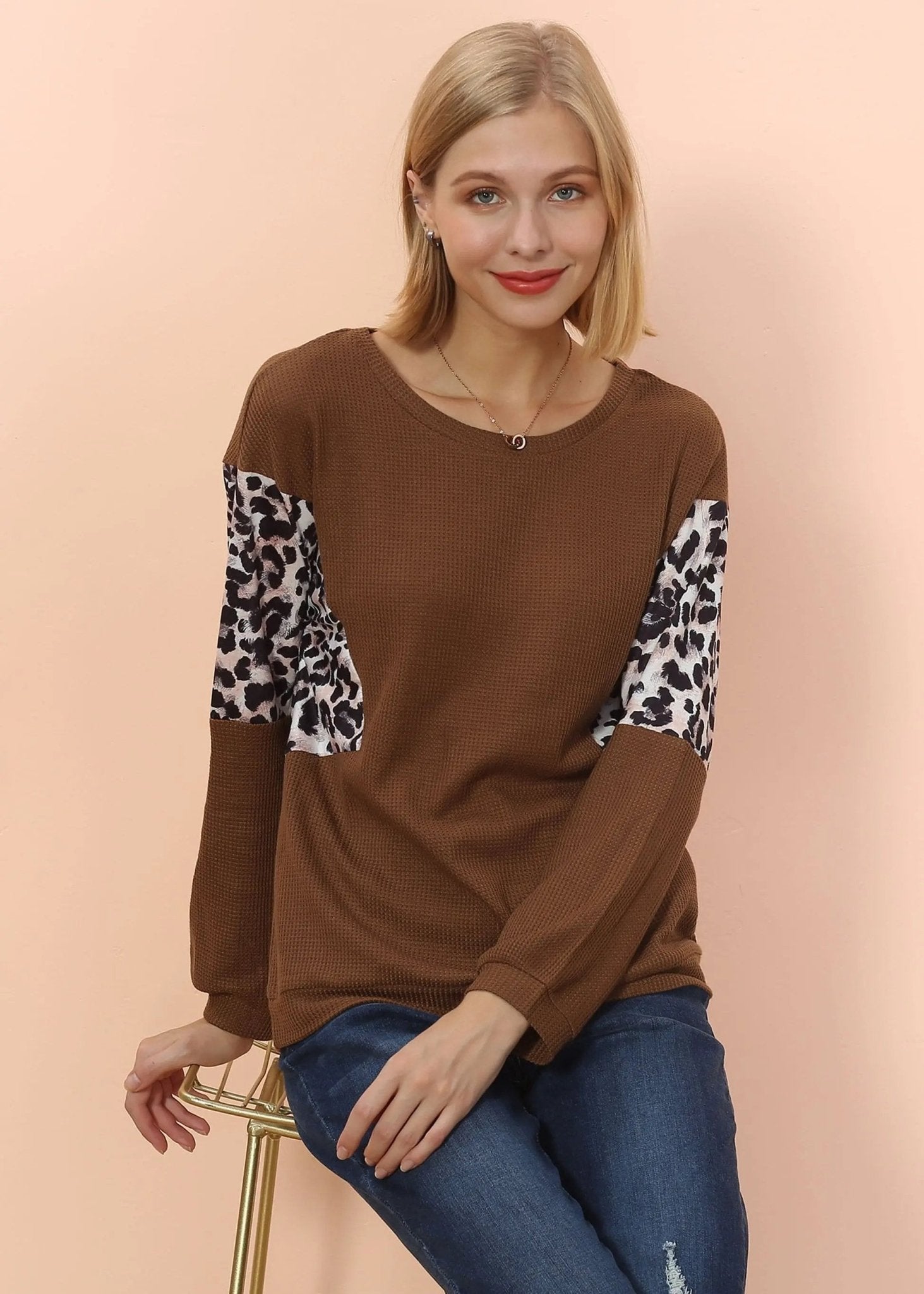 Drop Shoulder Two Tone Leopard Sweater - Get it from Bo