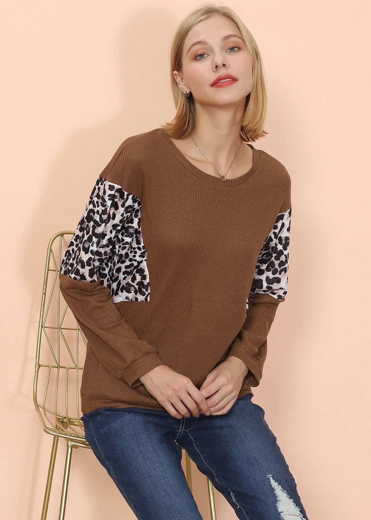 Drop Shoulder Two Tone Leopard Sweater - Get it from Bo