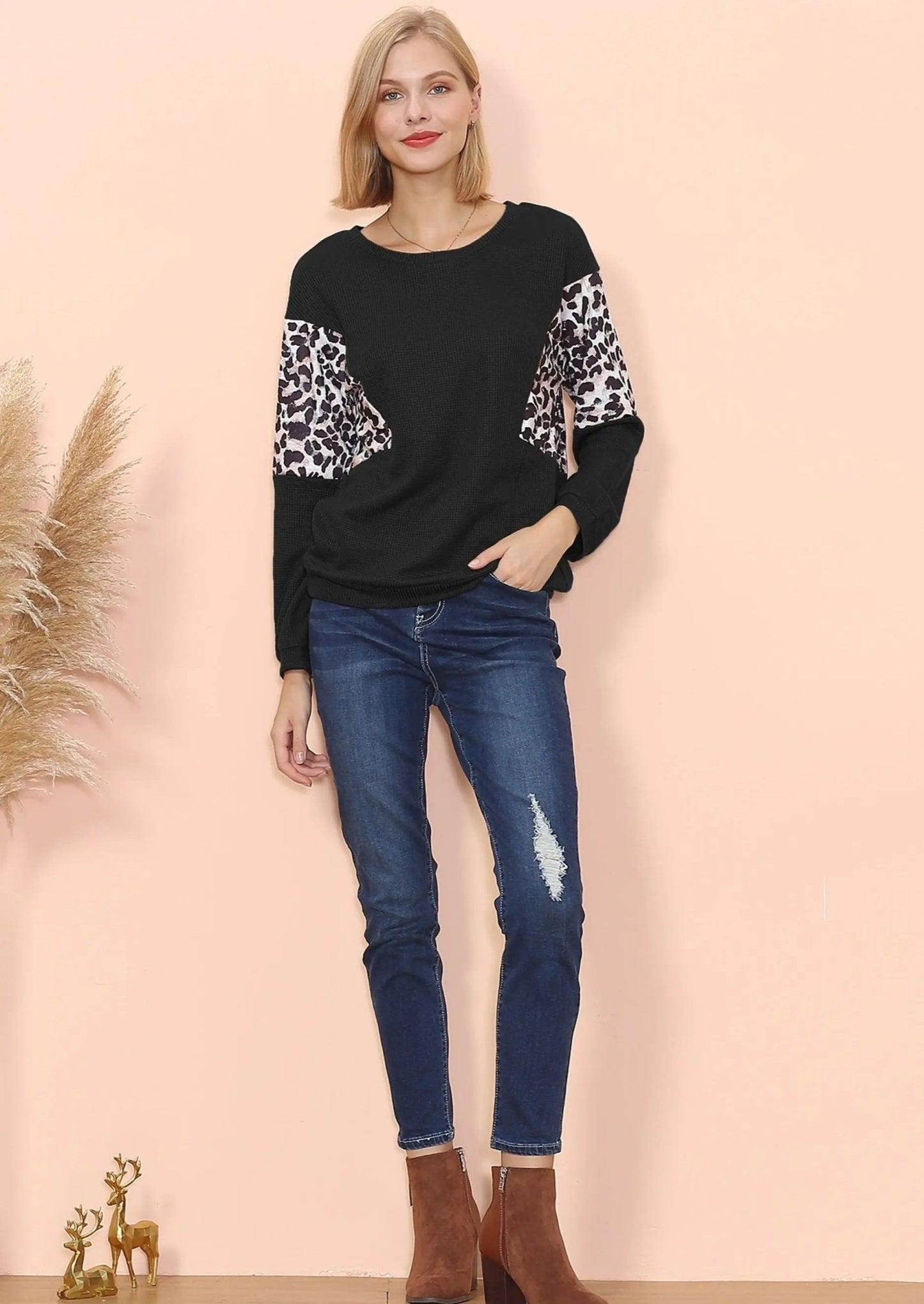 Drop Shoulder Two Tone Leopard Sweater - Get it from Bo