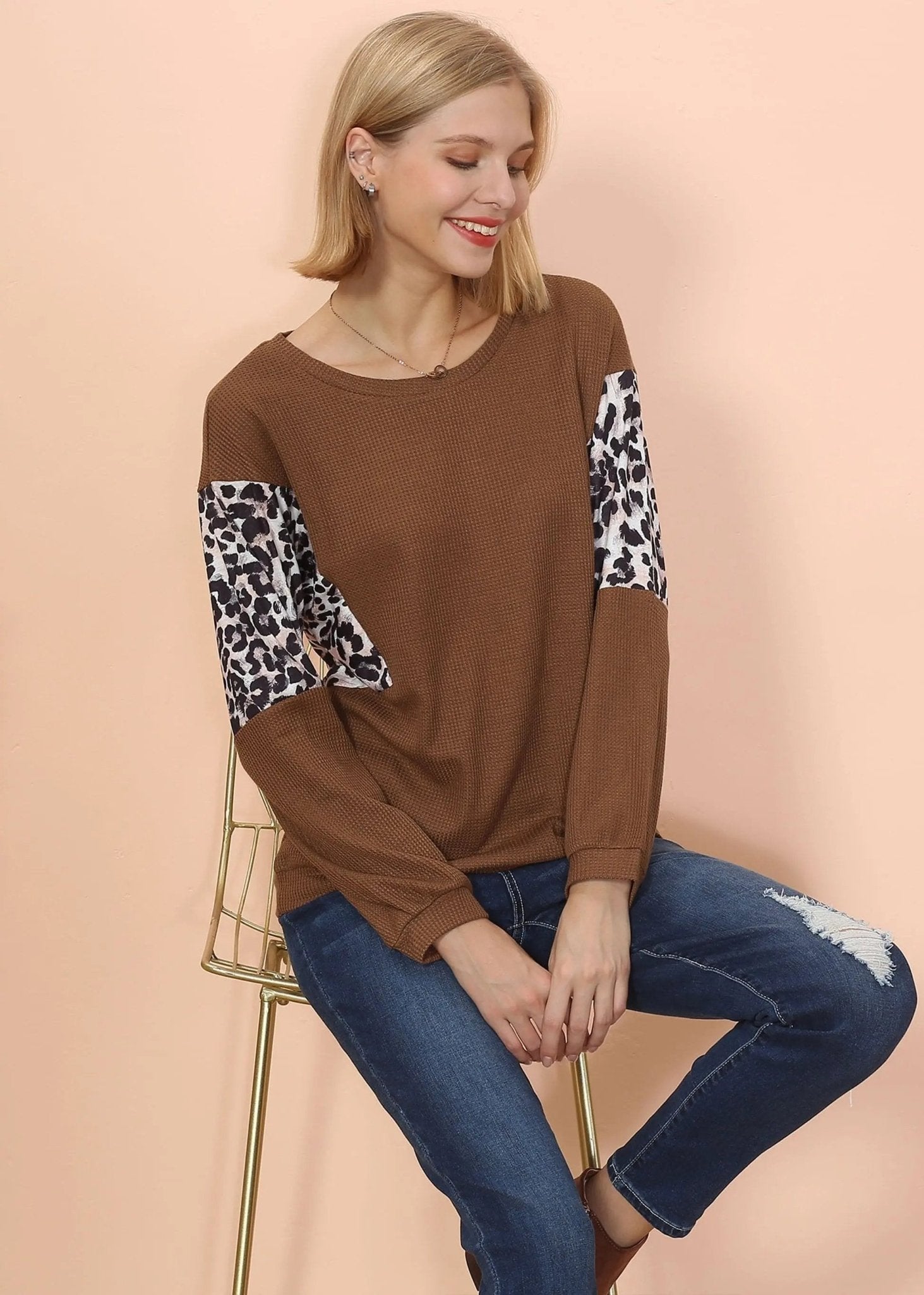 Drop Shoulder Two Tone Leopard Sweater - Get it from Bo