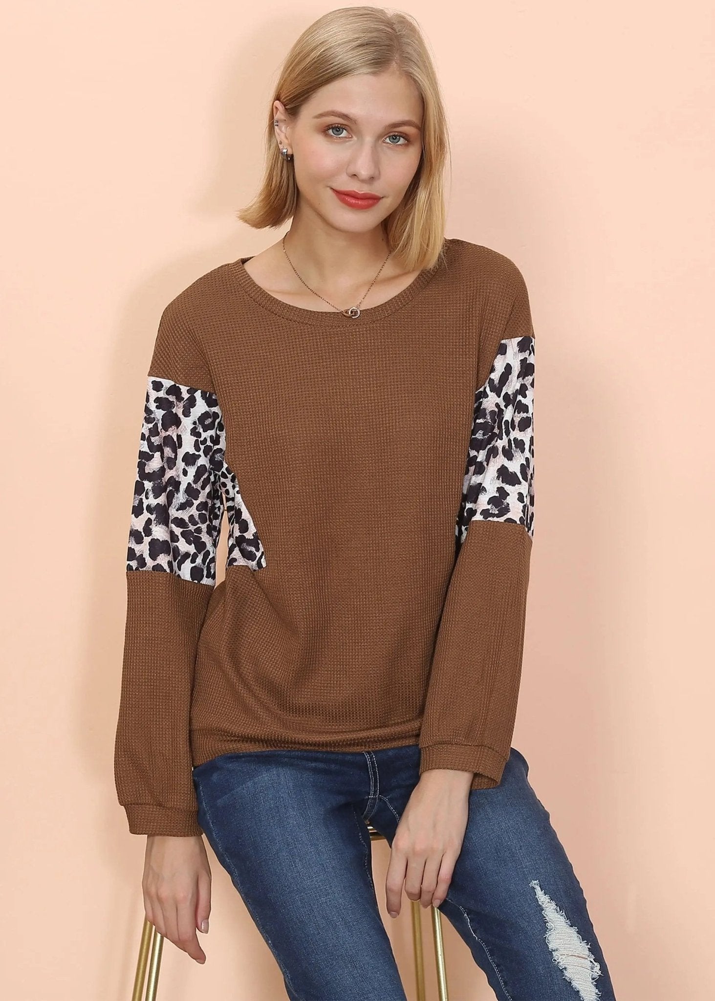 Drop Shoulder Two Tone Leopard Sweater - Get it from Bo