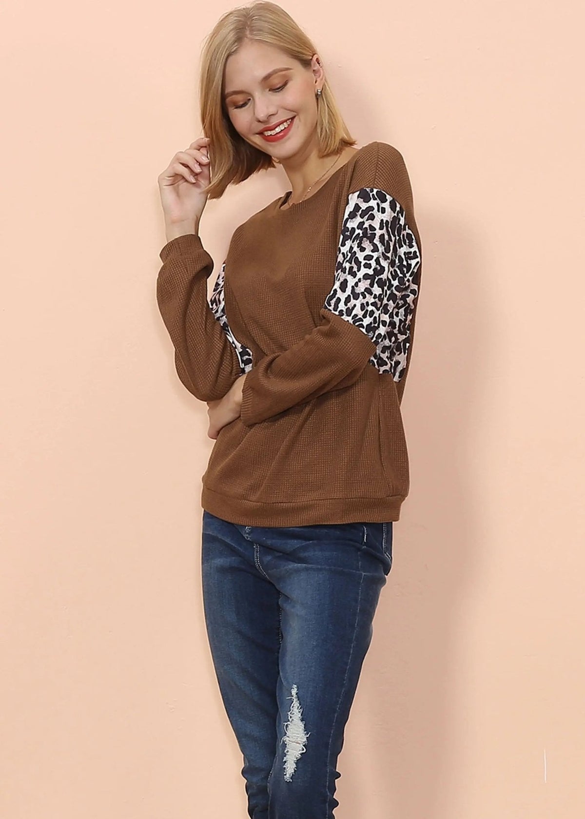 Drop Shoulder Two Tone Leopard Sweater - Get it from Bo