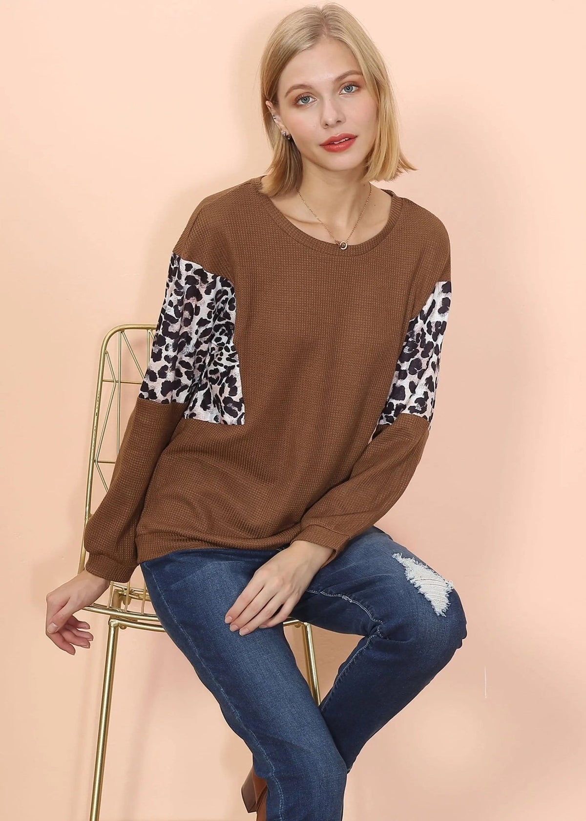 Drop Shoulder Two Tone Leopard Sweater - Get it from Bo